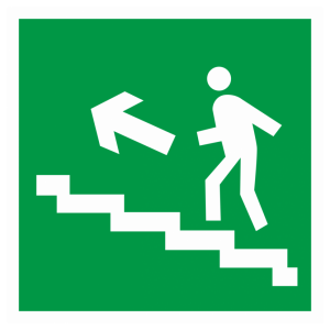 Знак безопасности E-16 «Направление к эвакуационному выходу (по лестнице вверх)»